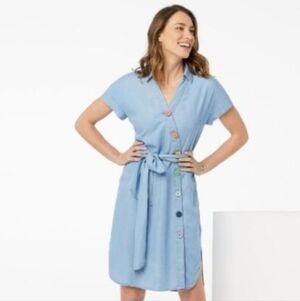 Chelsea and Theodore Rainbow Button Chambray Midi Belted Dress